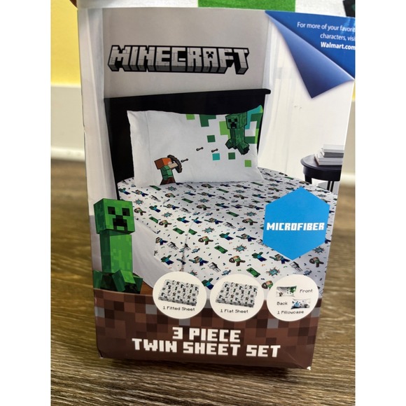 Minecraft 3 Piece Twin Sheet Set Bedding Microfiber Kids Video Game New - Picture 1 of 4